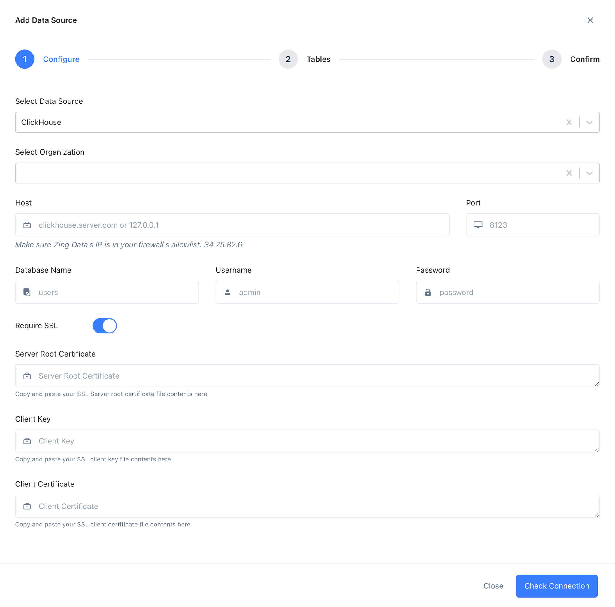 ClickHouse connection configuration form in Zing Data with fields for server, port, database, username and password - Zoomed