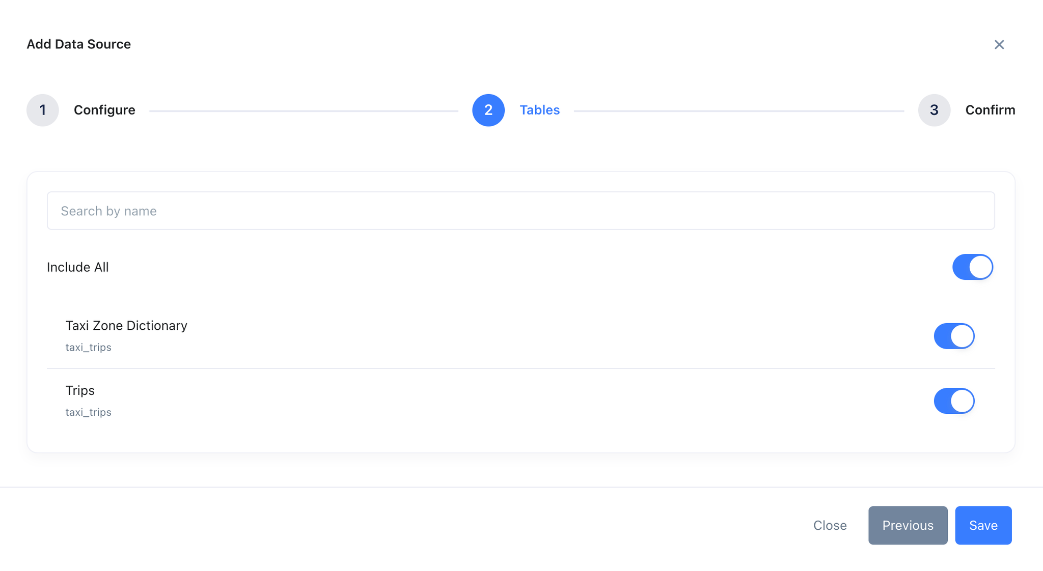 Zing Data table selection interface showing available ClickHouse tables with checkboxes - Zoomed