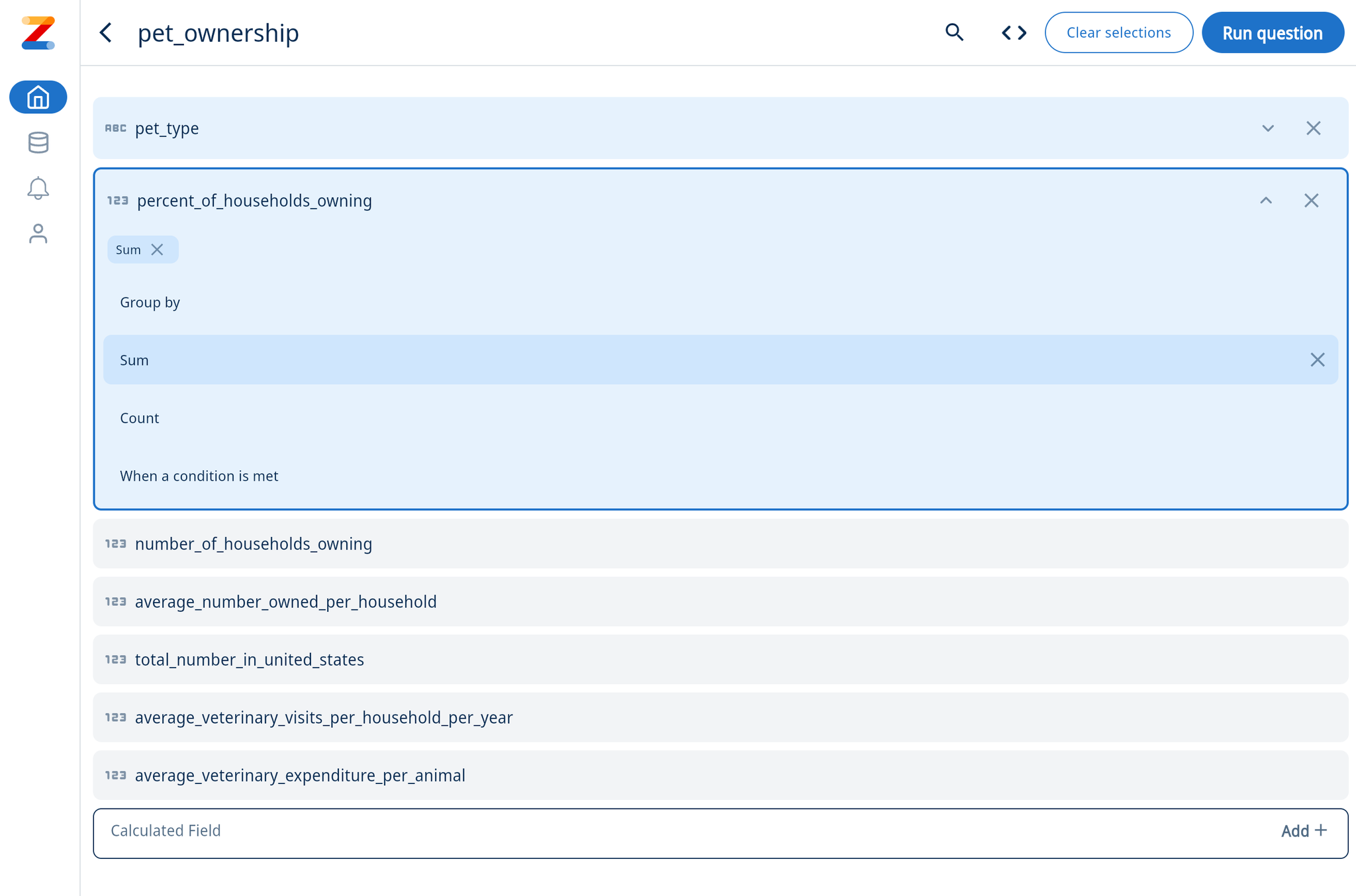 Zing Data visual query builder interface with field selection and aggregation options - Zoomed